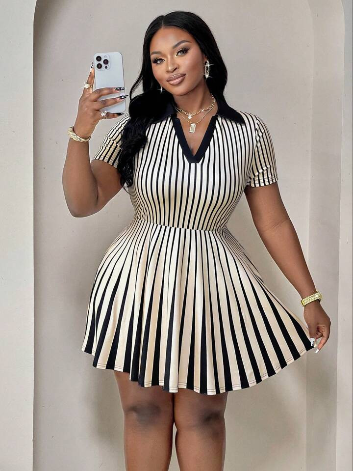 Plus Size Women Casual Elegant Striped Polo Collar Casual Short Sleeve Dress | SHEIN