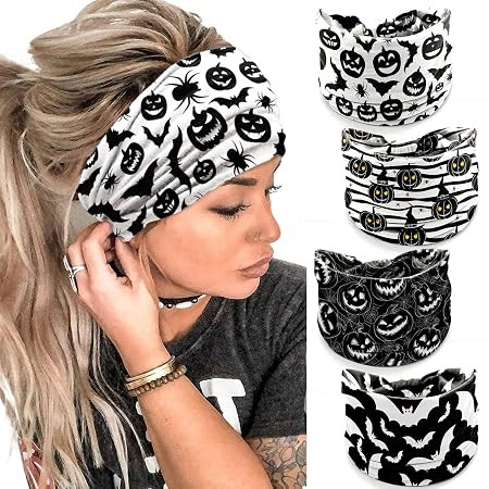 IDDFEVE 4Pcs Halloween Headbands for Women - Black White Pumpkin Bat Wide Holiday Hair Bands, Fes... | Amazon (US)
