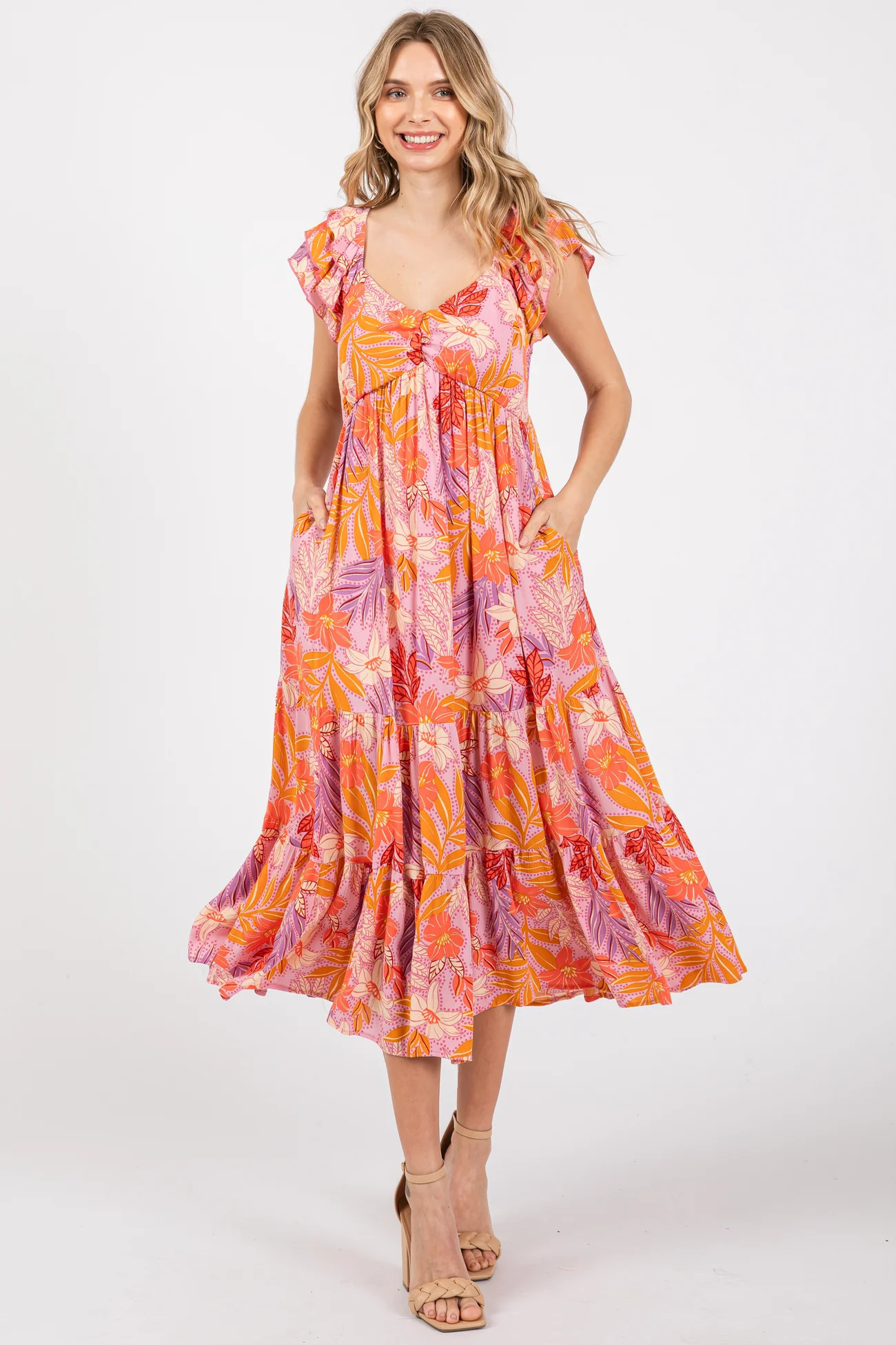 Orange Floral Sweetheart Neck Ruffle Shoulder Midi Dress | PinkBlush Maternity