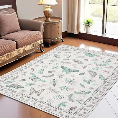 Acekool Floral Insect Area Rug - Washable 5x7 Non-Slip Carpet for Bedroom & Living Room | Target