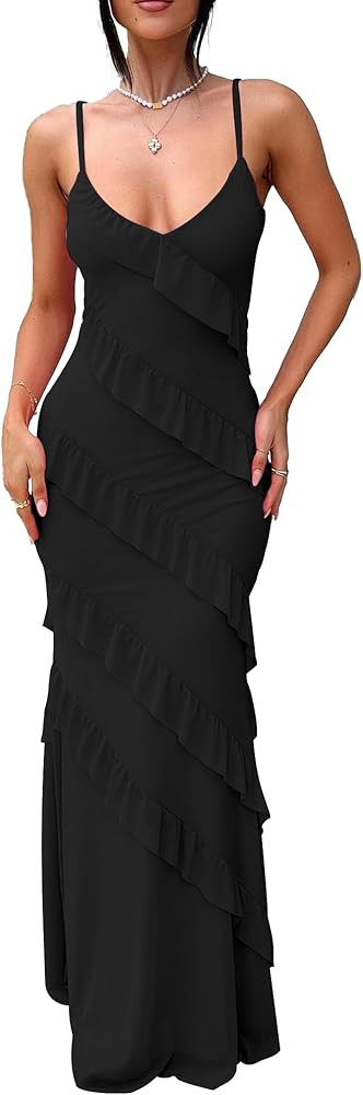 HOCILLE Women's Sexy V Neck Backless Bodycon Spaghetti Strap Elegant Ruffle Maxi Cocktail Party D... | Amazon (US)
