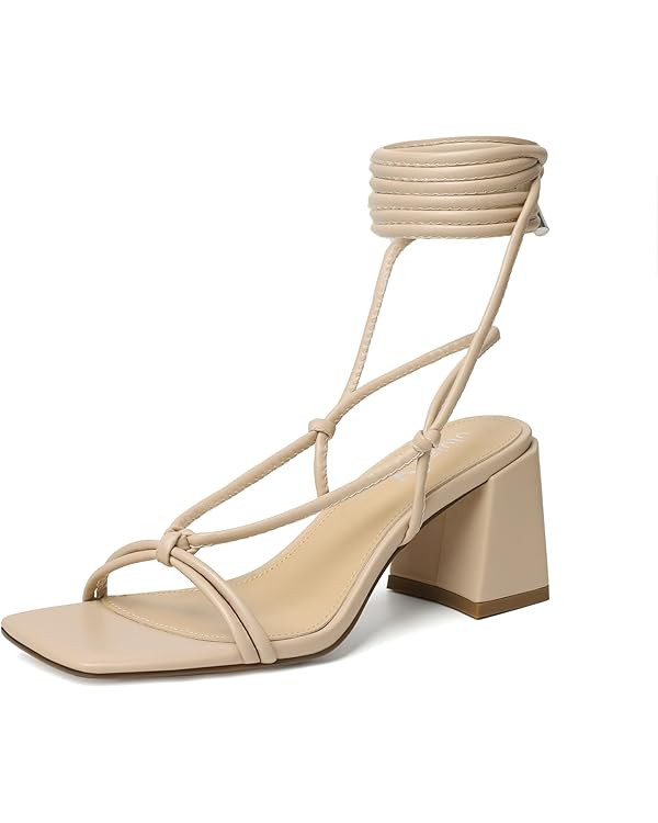 vivianly Women's Lace Up Chunky Heel Sandals Strappy Straps Ankle Wrap Heels | Amazon (US)