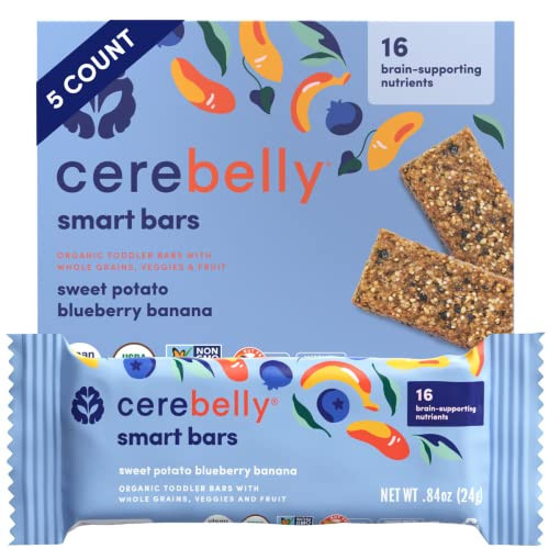 Cerebelly Toddler Bars - Organic Sweet Potato Blueberry Banana Smart Bars | Healthy Snack for Kids | 16 Brain-supporting Nutrients, Gluten Free, Nut Free, No Added Sugar | Baby Snacks | Pack of 5 | Amazon (US)