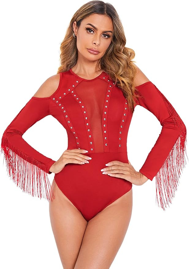 SweatyRocks Women's Cold Shoulder Fringe Long Sleeve Sheer Mesh Jumpsuit Bodysuit | Amazon (US)