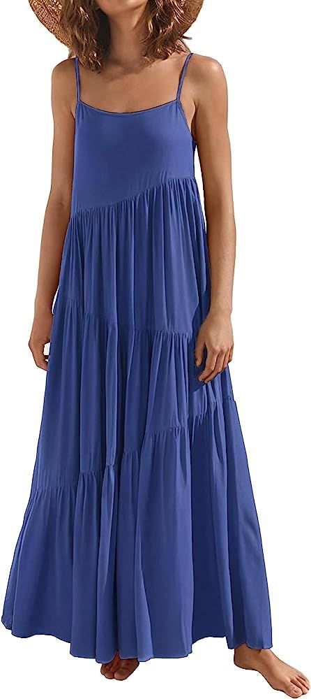 LCRRRN Womens Summer Dresses 2023 Loose Sleeveless Spaghetti Strap Asymmetric Tiered Maxi Dress | Amazon (US)