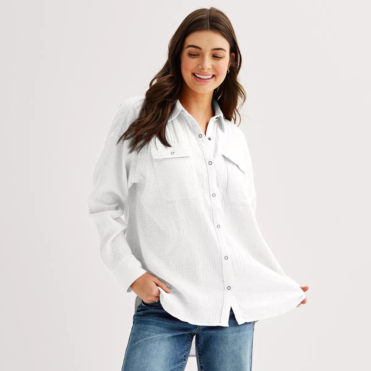 Juniors' SO® Crinkly Double Cloth Long Sleeve Button Down Shirt | Kohl's