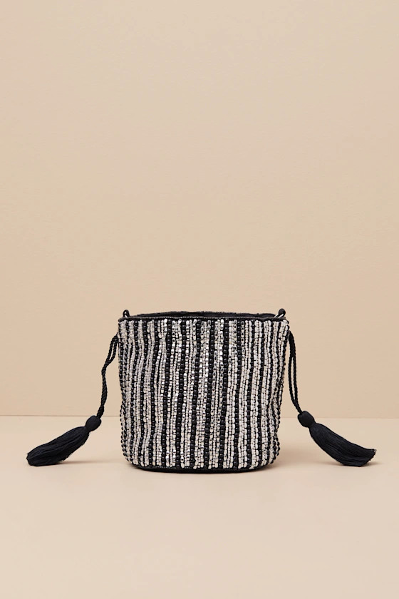 Momentous Glitter Black and Silver Beaded Bucket Bag | Lulus
