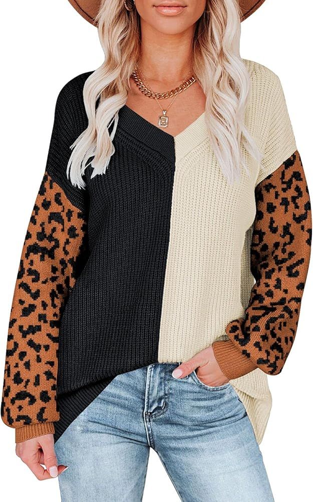 DOROSE Women Sweater Color Block Leopard Long Sleeve V-Neck Knitted Pullover Tops | Amazon (US)