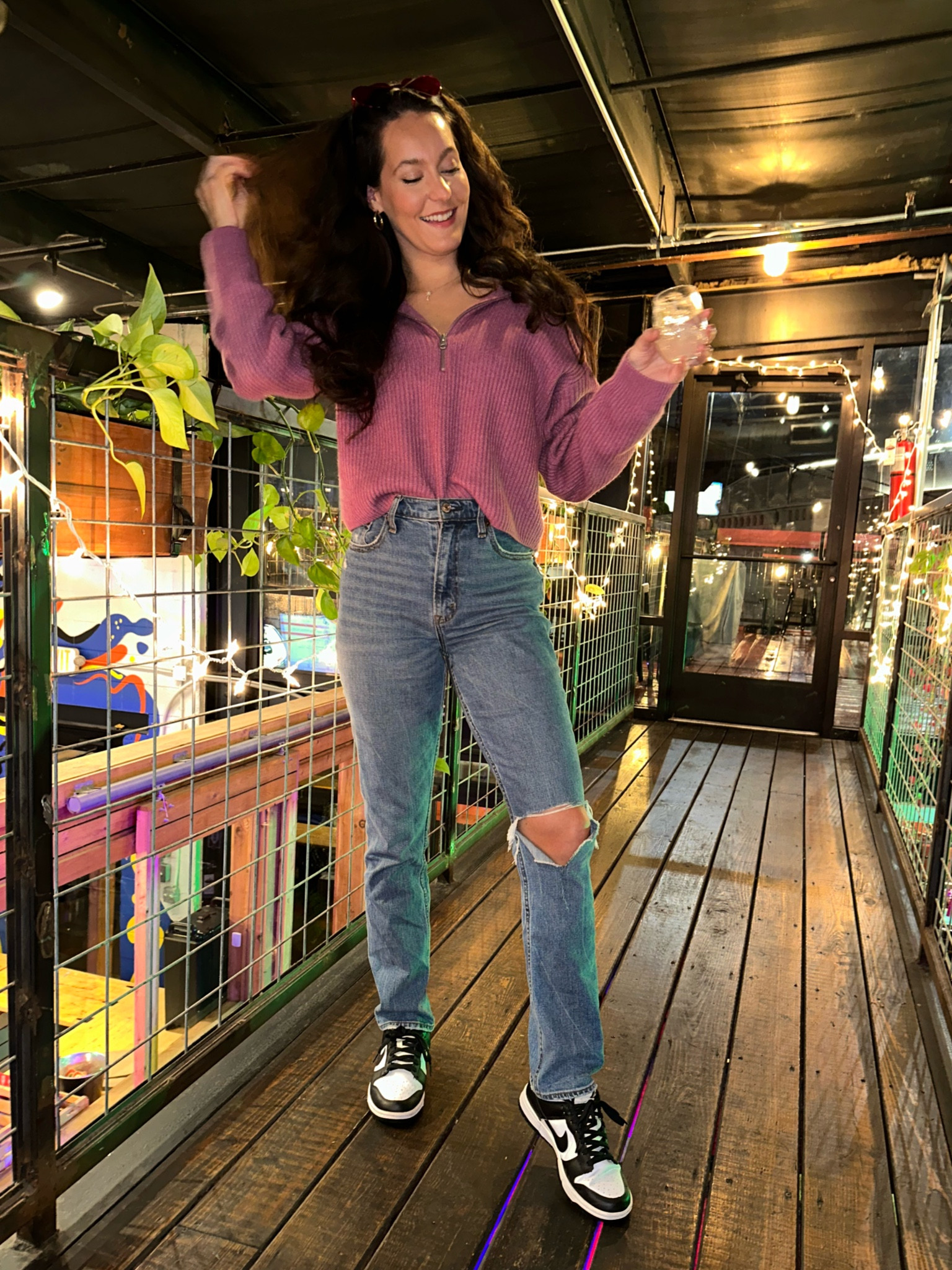 Open Edit sweater size S 
Abercrombie jeans size 26
Nike dunk low size up 1/2 size 

Galentine’s OOTN 
Pink sweater 
Jeans 

#LTKshoecrush #LTKSeasonal