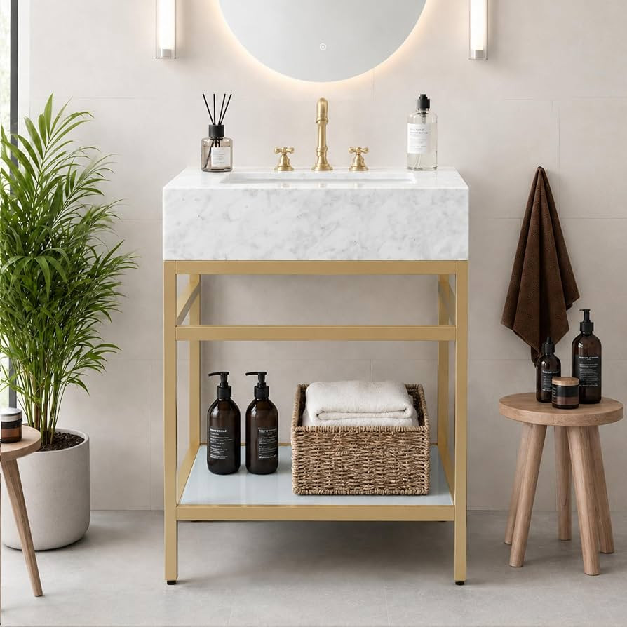 Bathroom Carrara Marble Vanity with Sink 24" x 21" Freestanding Console Sink with Tempered Glass Shelf Utility Sink for Washing Room Laundry Room (Golden Legs) | Amazon (US)