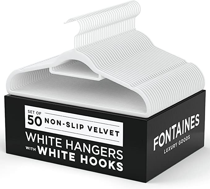 Fontaines Luxury White Velvet Felt Non Slip Clothes Hangers 50 Pack - Ultra Slim & Space Saving -... | Amazon (US)