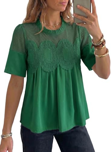 Dokotoo Women's Lace Blouse Flared Short Sleeve Embroidered Mesh Shirts | Amazon (US)