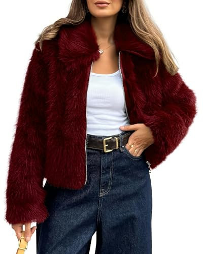 BTFBM Faux Fur Jacket Women Fluffy Winter Cropped Coats Zip Up Fuzzy Jackets Long Sleeve Furry Coat 2026 Fall Clothes(Burgundy, Medium) | Amazon (US)