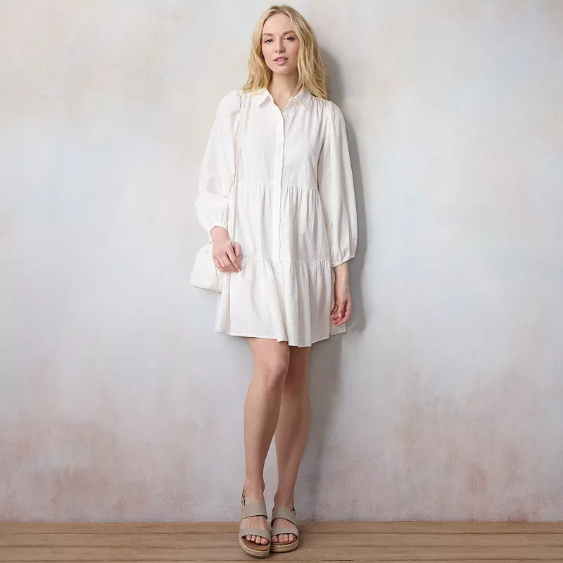 Women's LC Lauren Conrad Button Front Tiered Long Sleeve Mini Shirt Dress | Kohl's