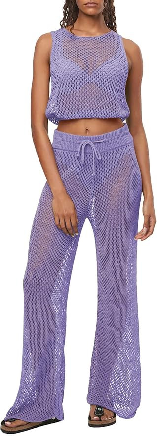 Pink Queen Women's Swimsuit Cover Up Set 2 Pieces Crochet Sleeveless Crop Top Wide Leg Long Pants... | Amazon (US)