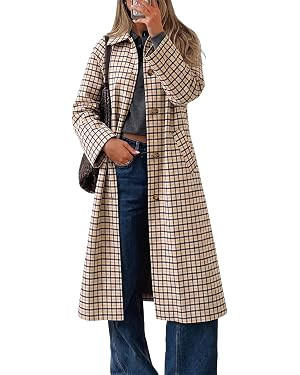 Cicy Bell Womens Plaid Trench Coat Fall Lapel Single Breasted Long Jacket | Amazon (US)