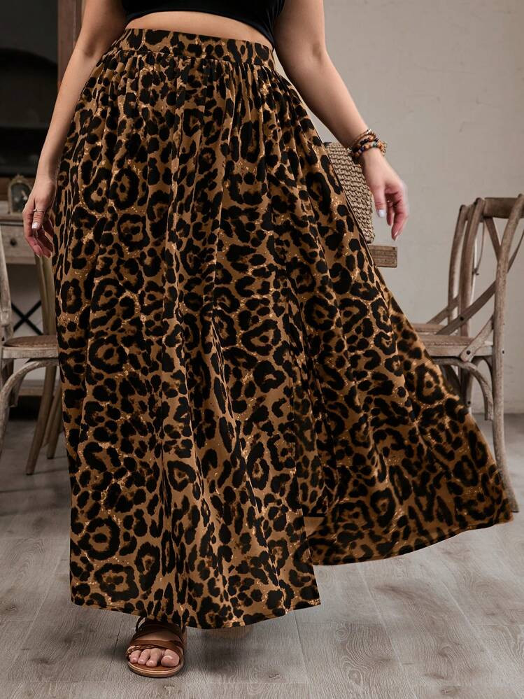 SHEIN VCAY Plus Size High Waist Simple Leopard Print Straight Skirt, Casual Daily Wear | SHEIN