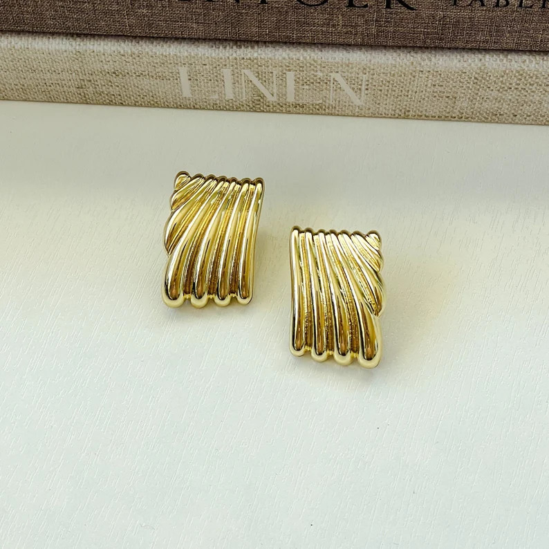 Gold Rectangle Earrings, Chunky Gold Geometric Earrings, Abstract Statement Jewelry, Big Bold Stu... | Etsy (US)