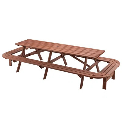 Brown Wooden Picnic Table With Benches - Outdoor Rectangle Patio Table, Weather-resistant, Built-in Umbrella Hole For Garden/backyard | Wayfair North America