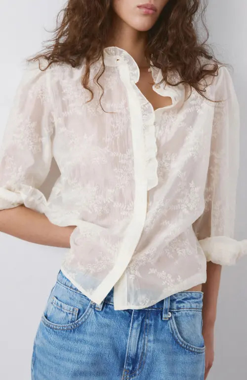 MANGO Floral Embroidery Woven Shirt in Ecru at Nordstrom, Size 6 | Nordstrom