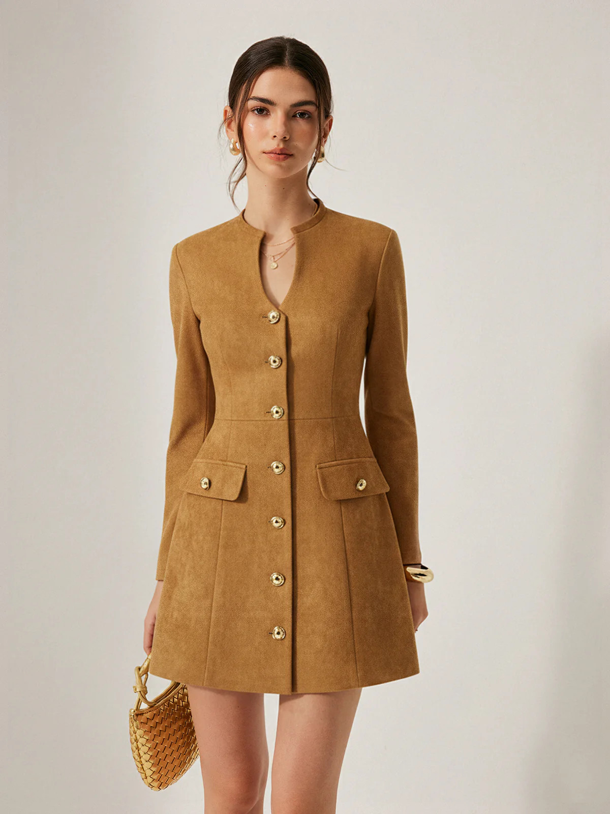 Metal Button Suede Keyhole-Neck Mini Dress | Commense