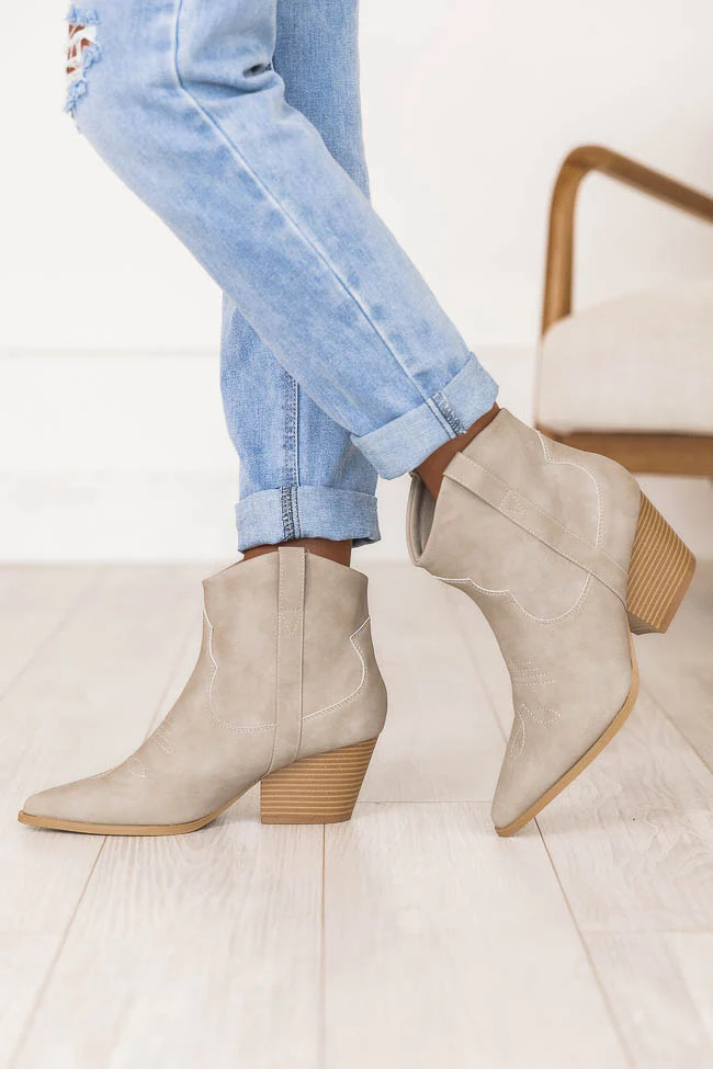 Amy Grey Pointed Toe Western Cut Booties | Pink Lily
