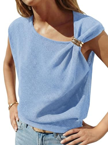 Saodimallsu Womens Sleeveless Sweater Tops Summer Casual Boat Neck Lightweight Knit Loose Trendy Sweater Vest Blue | Amazon (US)