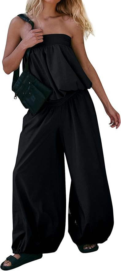 Women Summer 2 Piece Outfits Bubble Off Shoulder Strapless Tube Top Wide Leg Long Pants Lounge Se... | Amazon (US)