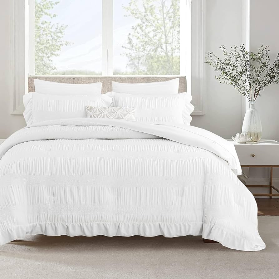 White Comforter Set Queen Size Seersucker Design with Ruffled Edges, Ultra-Soft White Bedding Set... | Amazon (US)