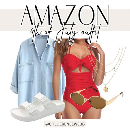 Amazon 4th of July outfit inspiration! Love this red suit paired with a chambray top, white sandals, sunglasses, and gold jewelry!

Amazon, 4th of July outfit, 4th of July outfit inspiration, Fourth of July outfit, red white and blue, Amazon fashion, Amazon style 

#LTKStyleTip #LTKSwim #LTKSeasonal