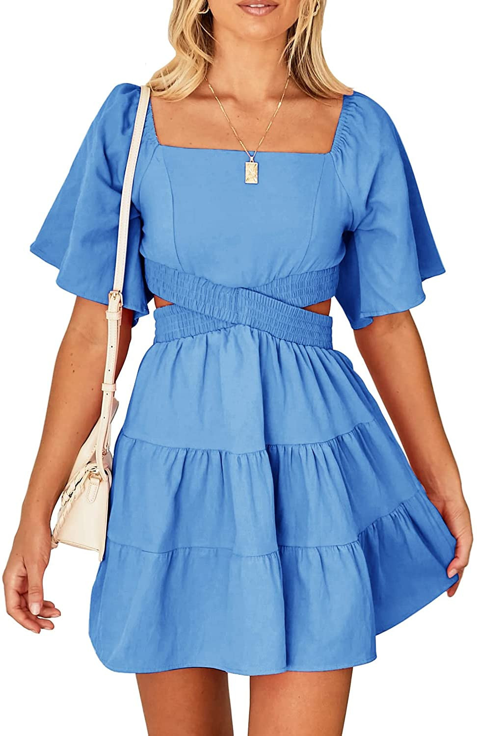 Shy Velvet Women's Summer Dress Square Neck Short Sleeves Crossover Waist Casual Party Mini Dress | Amazon (US)