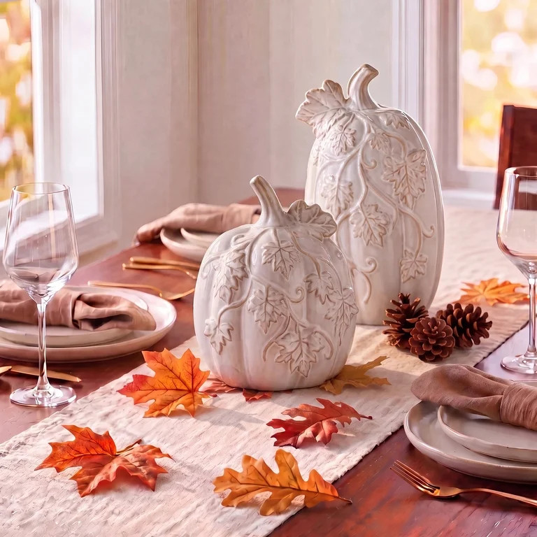 My Texas House Fall Small Ceramic Pumpkin with Vine Accents Tabletop Decoration, White, 7" | Walmart (US)