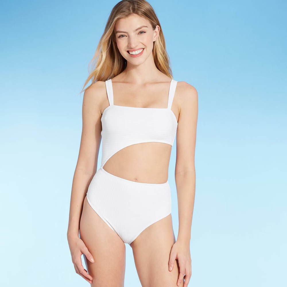 Women's Tall/Long Torso Ribbed Cut Out One Piece Swimsuit - Shade & Shore White S Long | Target
