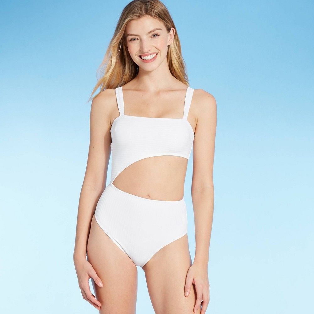 Women's Tall/Long Torso Ribbed Cut Out One Piece Swimsuit - Shade & Shore White M Long | Target