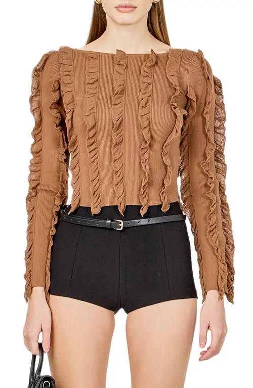 Endless Rose Ruffle Rib Knit Top in Mocha Mousse at Nordstrom, Size X-Small | Nordstrom