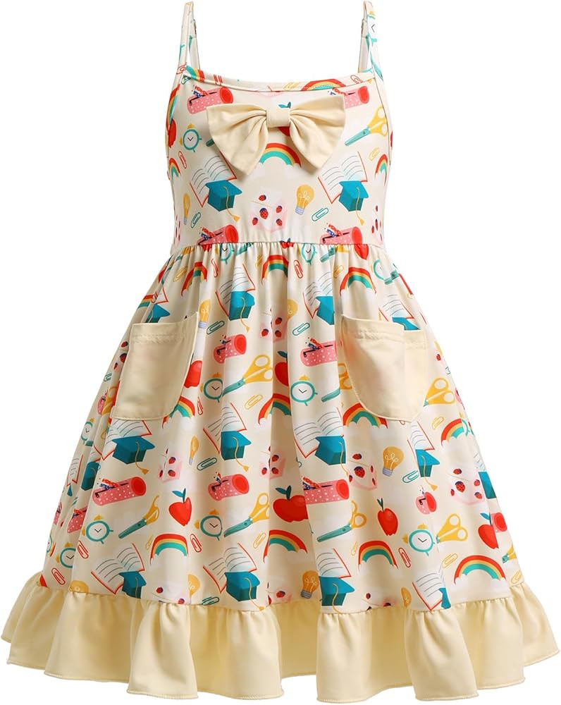 Toddler Girl Back to School Dress Sleeveless Apple Pencil Causal Ruffle Bottom Dress with Pockets... | Amazon (US)