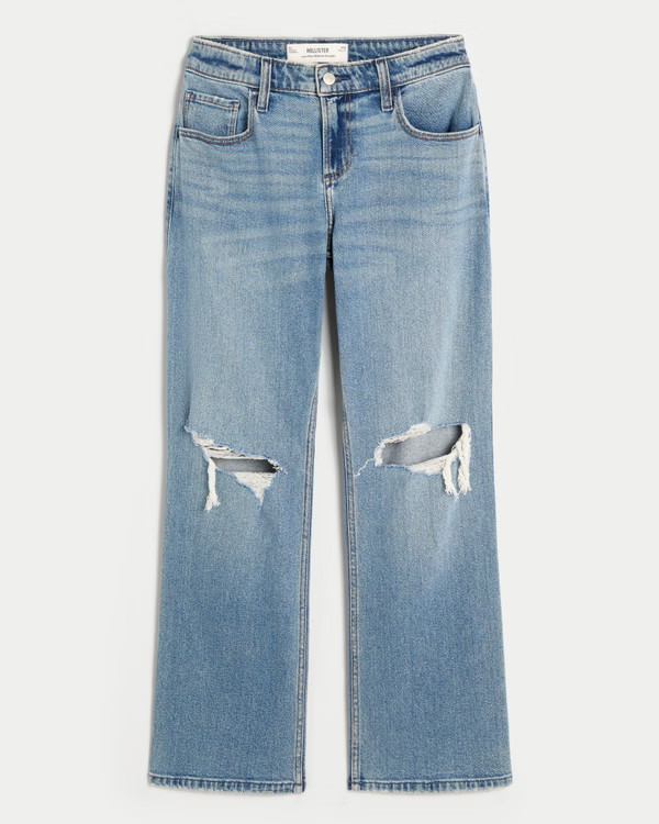 Low-Rise Medium Wash Ripped Relaxed Straight Jeans | Hollister (US)
