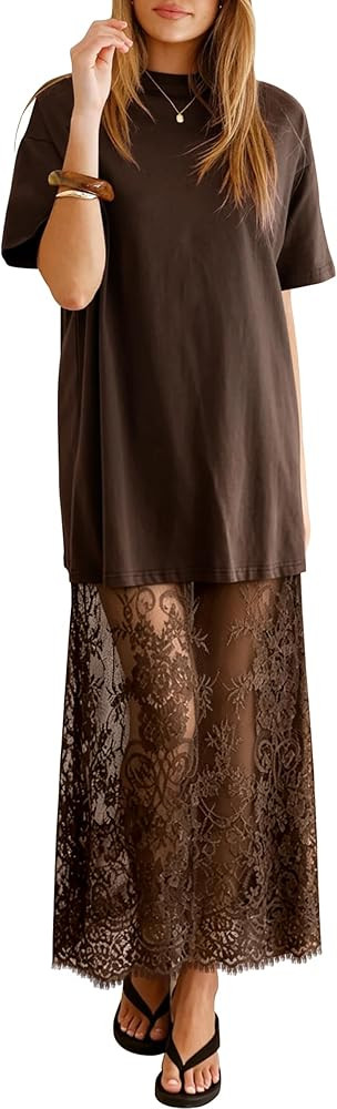 miduo Womens Summer Short Sleeve Crewneck Lace Patchwork Maxi Dresses | Amazon (US)