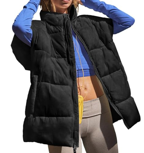 Eisctnd Puffer Oversized Vest Women Lightweight Stand Collar Flysleeve Insulated Padded Puffy Jackets Coat Long Puffer Vest Sleeveless (Black-L) | Amazon (US)