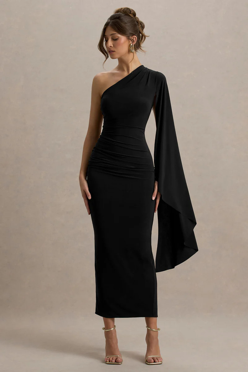 Clementina | Black Asymmetric Cape Sleeve Maxi Dress | Club L London