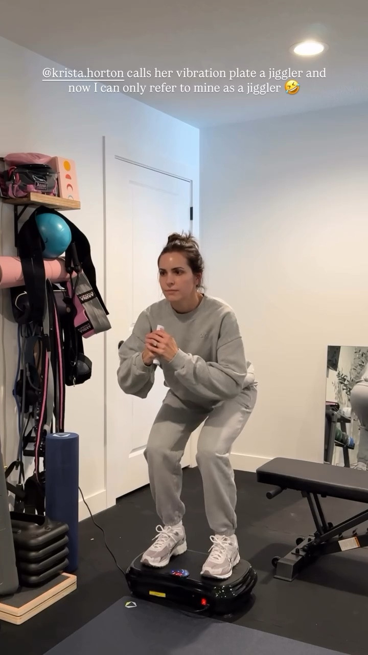 Vibration plate! 

Wearing a S in the sweats 

#LTKActive #LTKfitnessgoals #LTKselfcare