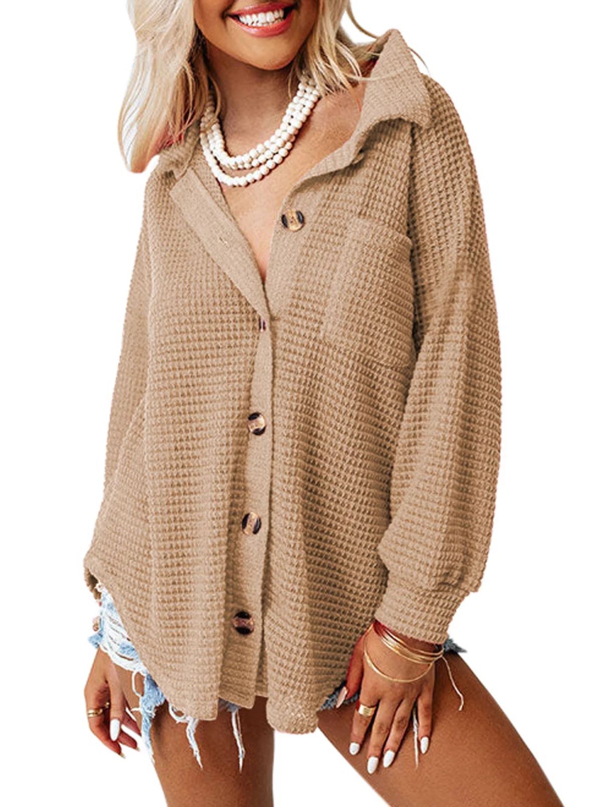 SHEWIN Women's Jackets Oversized Waffle Knit Shackets Boyfriend Casual Long Sleeve Blouses Tops L... | Walmart (US)