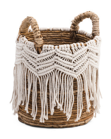 Medium Banana Leaf Round Basket With Macrame | TJ Maxx