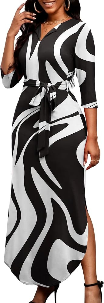 FANDEE Women’s Casual Pattern Maxi Dresses V-Neck 3/4 Sleeve with Belted | Amazon (US)