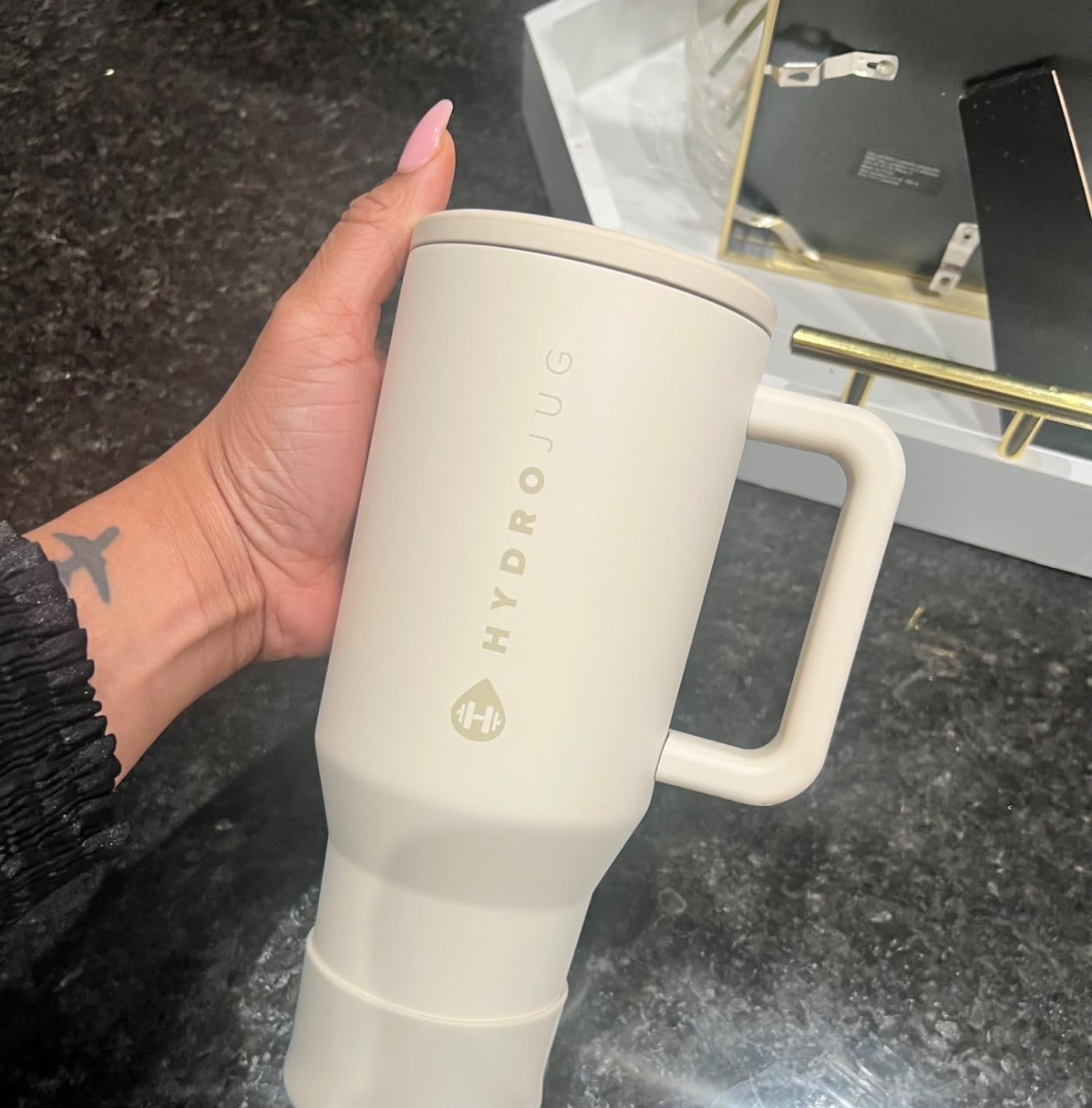 HydroJug Traveler - 20 oz Water Bottle with Handle & Flip Straw - Fits in Cup Holder, Leak Resistant Tumbler-Reusable Insulated Stainless Steel & Rubber Base - Gifts for Women & Men, Butter | Amazon (US)