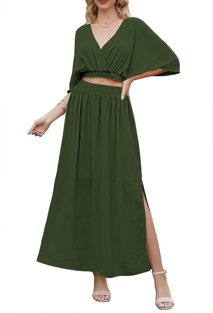 Cutiefox Women's Summer Dress 2 Piece Outfits Wrap V Neck Crop Top High Slit Skirt Set Loose Flow... | Amazon (US)