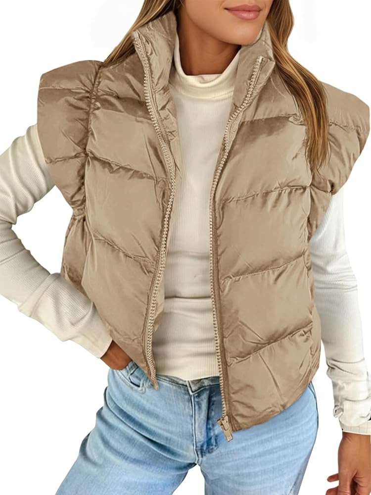 Tankaneo Womens Cropped Puffer Vest Cap Sleeve Zip Up Puffy Qulited Jacket Stand Collar Padded Gi... | Amazon (US)
