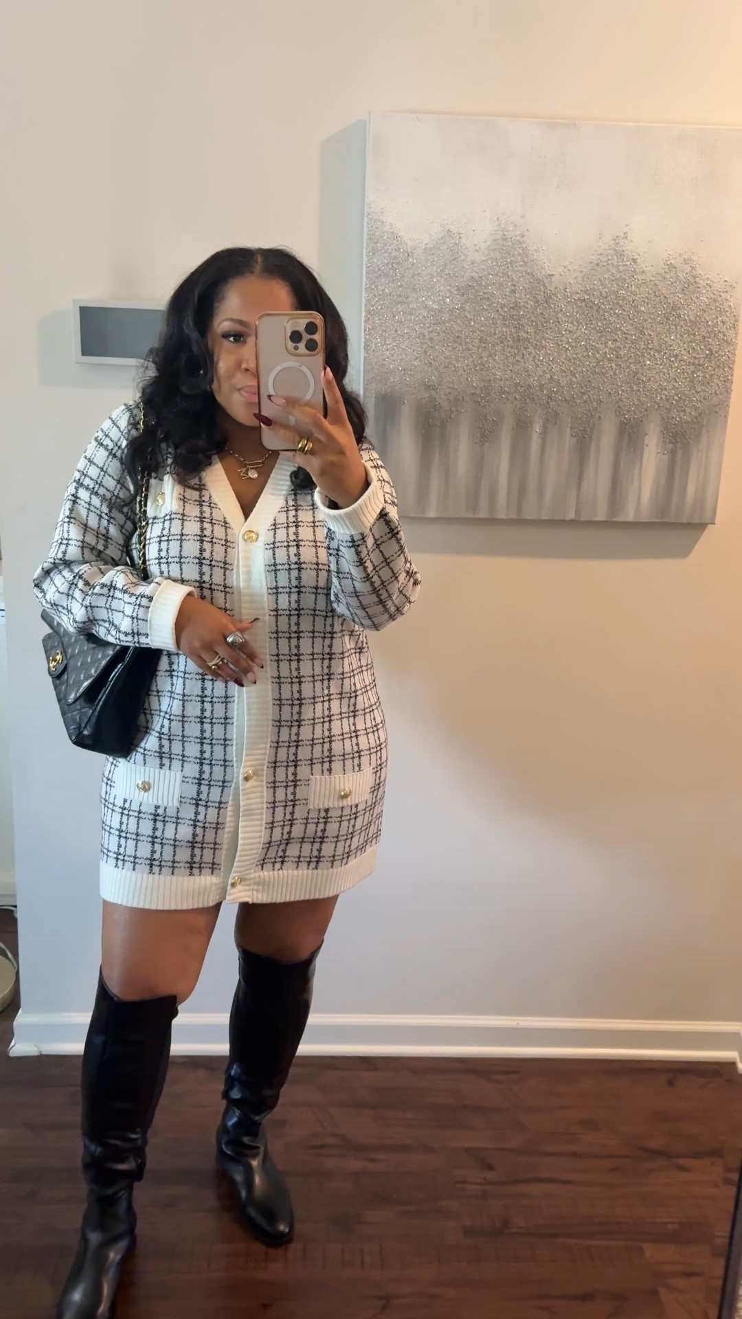 Sweater dress is old but any sweater dress will do. My Chanel is from @fashionphile. Boots wearing standard calf and my calves are 17in. Coat runs large wearing a medium. 

#LTKHoliday #LTKootd #LTKGiftGuide