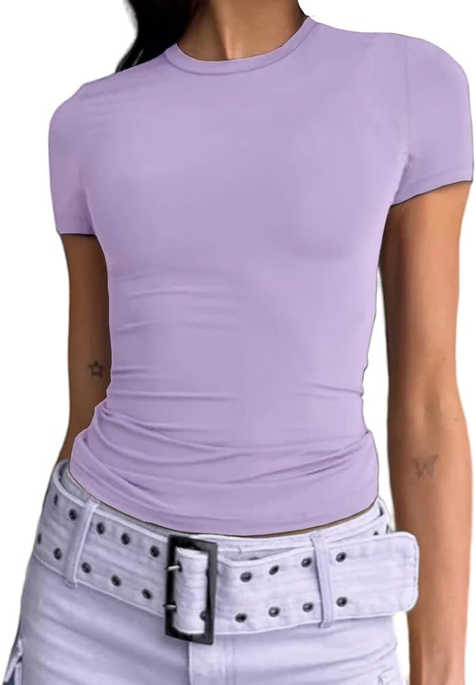 Dwnval Women Sexy Basic T Shirts Tops Summer Short Sleeve Crewneck Slim Fit Cute Crop Top Blouses | Amazon (US)