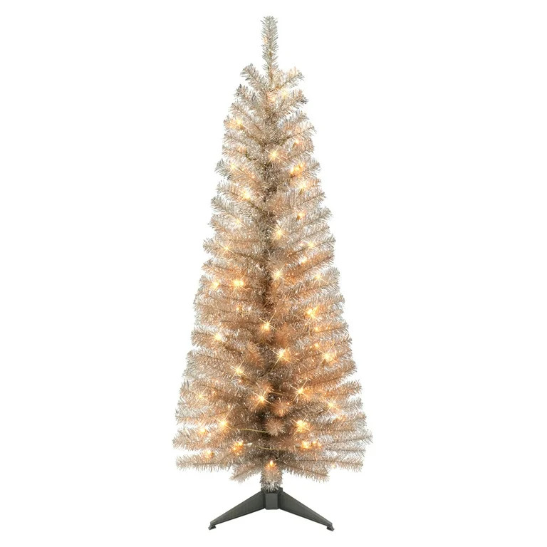 4.5 ft Pre-lit Rose Gold Tinsel Tree 160 Tips 70 UL Clear Incandescent Lights | Walmart (US)
